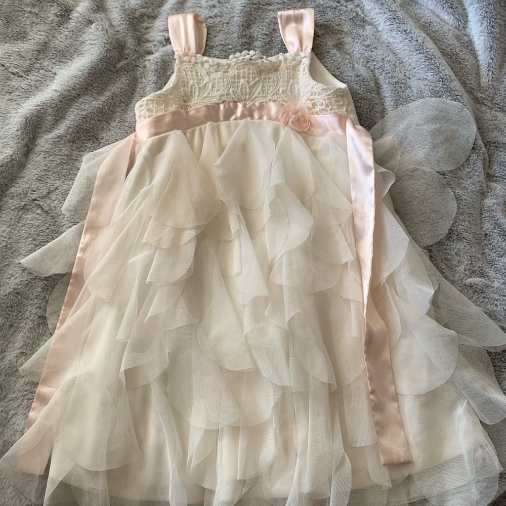Girls Cream & Pink Tulle Lace Dress